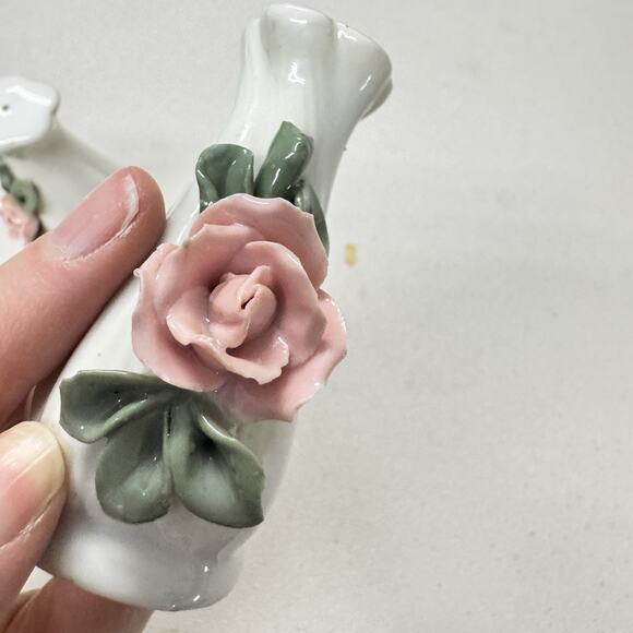 Vintage Porcelain Rose Salt and Pepper Shakers 3" White Pink Grandma Core - Picture 4 of 8